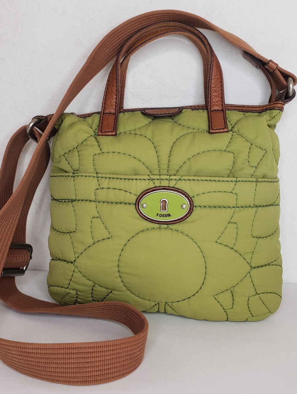 Fossil Olive Green Quilted Crossbody Bag with Brown Trim